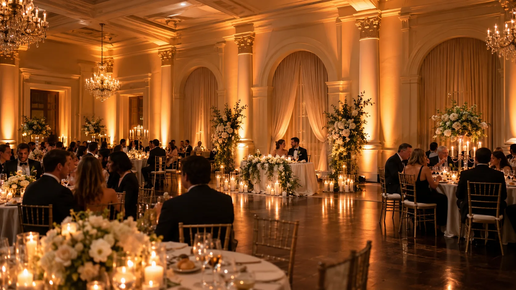 Ballroom washed in warm amber uplighting during dinner