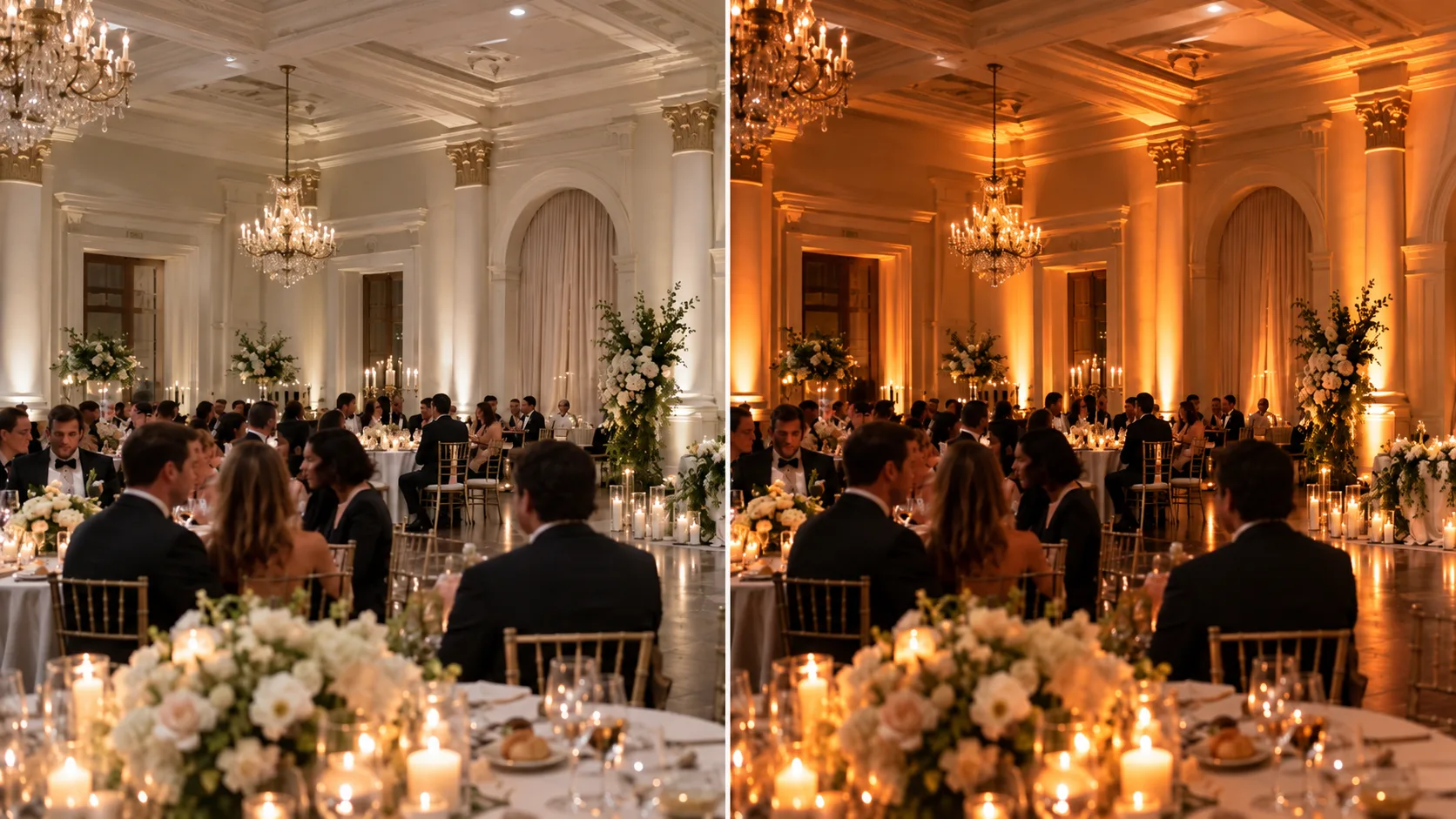 The same ballroom side by side: flat house lighting on the left, warm amber uplighting on the right