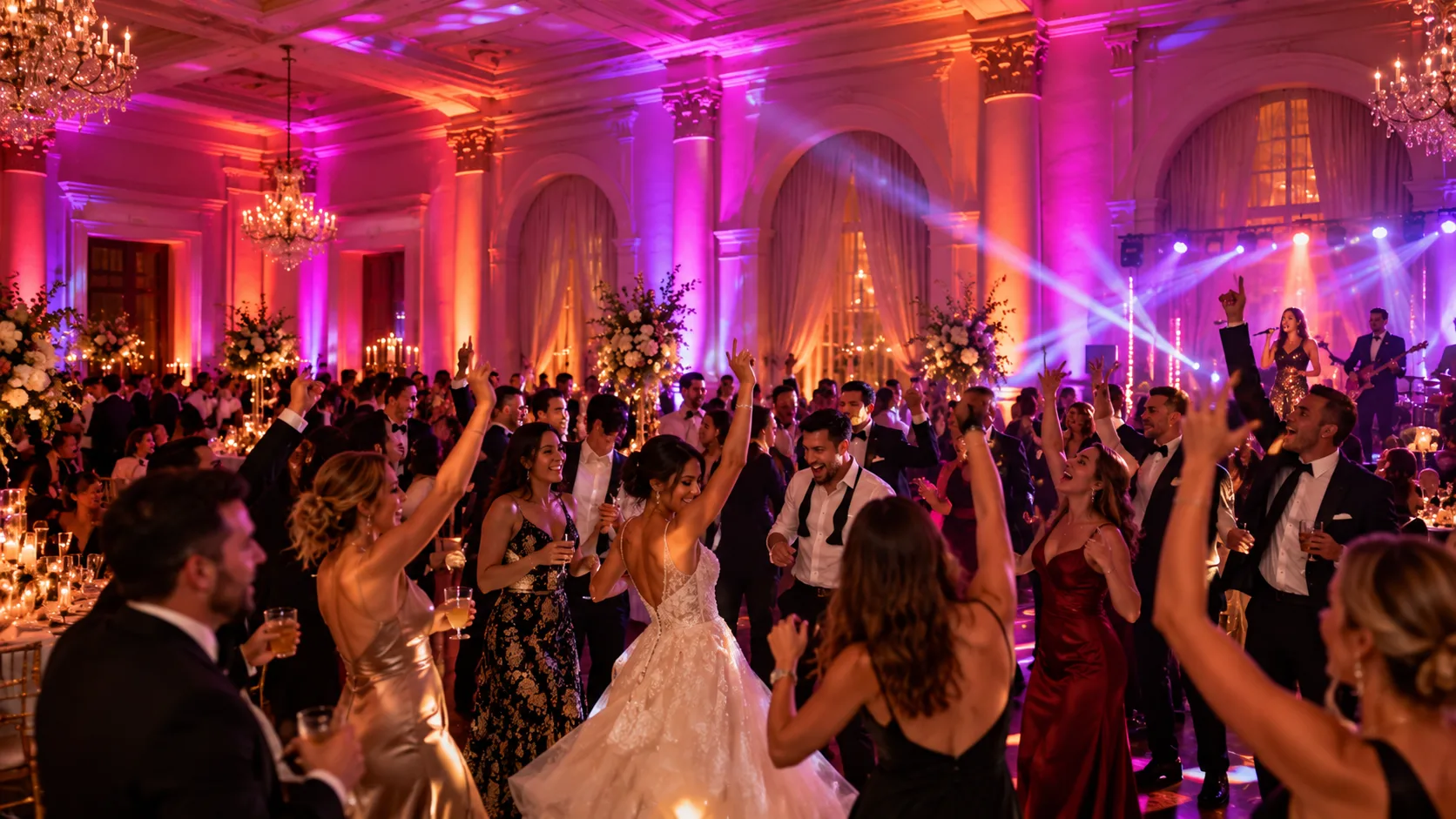 The same ballroom later in the night, walls washed in magenta and violet as the dance floor fills